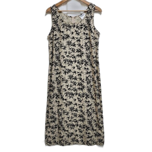 Darian Dress Womens 12 Tan Black Linen Palm Leaf Midi Sleeveless Side Split Zip - Picture 1 of 8